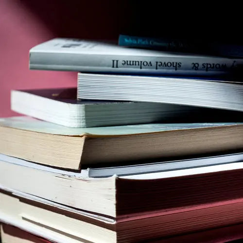 Books stacked up in close up view